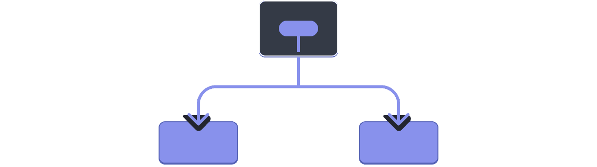 Un diagrama con un árbol de tres componentes. El papá contiene una burbuja que representa un valor resaltado en morado. El valor fluye hacia los dos hijos, ambos resaltados en morado.